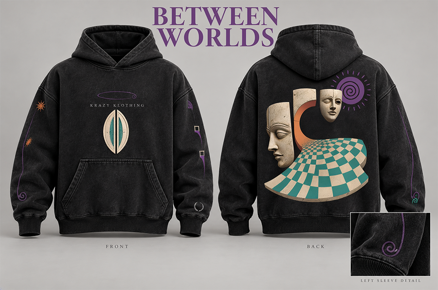 Between Worlds hoodie design mockup showing front and back