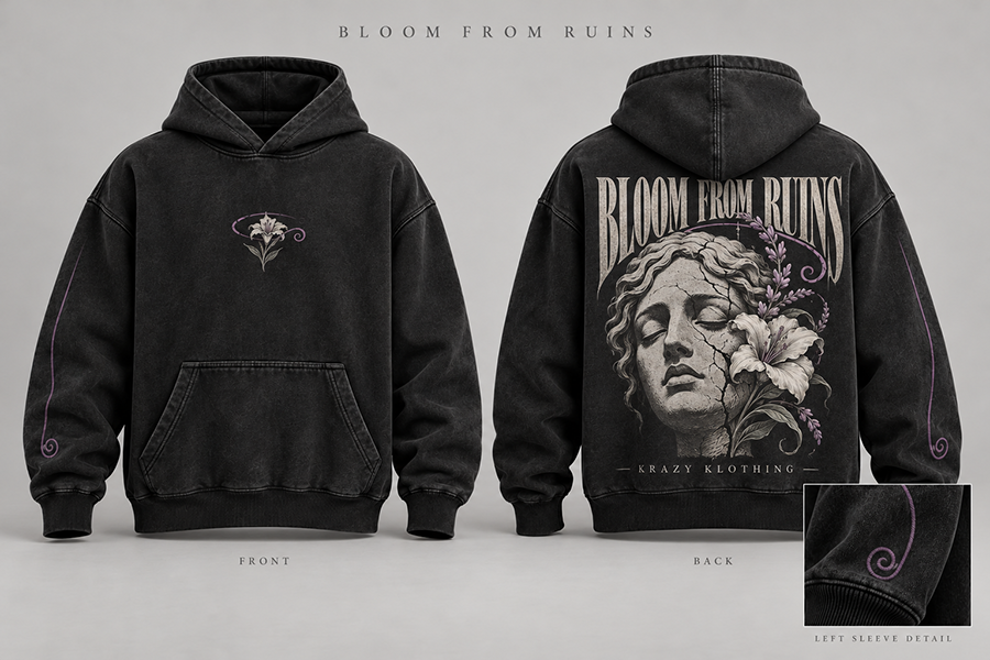 Bloom From Ruins hoodie design mockup showing front and back
