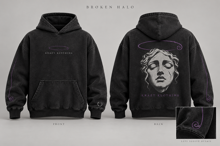 Broken Halo hoodie design mockup showing front and back