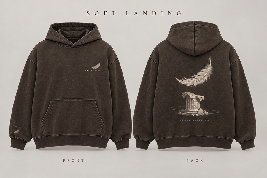 Soft Landing hoodie design mockup showing front and back